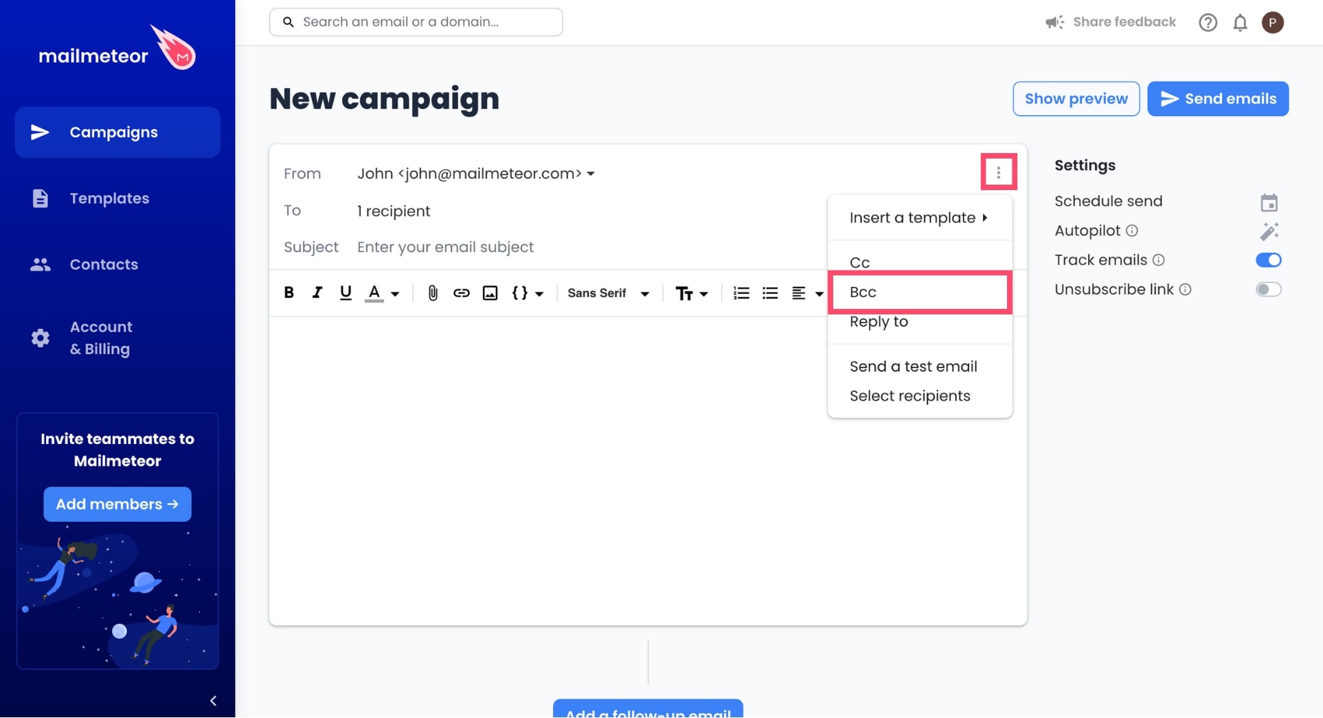 Add bcc recipients in Mailmeteor