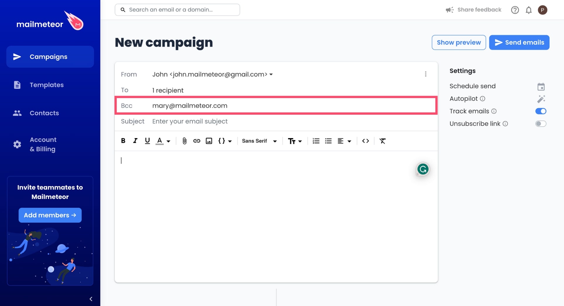 Email bcc recipients in Mailmeteor