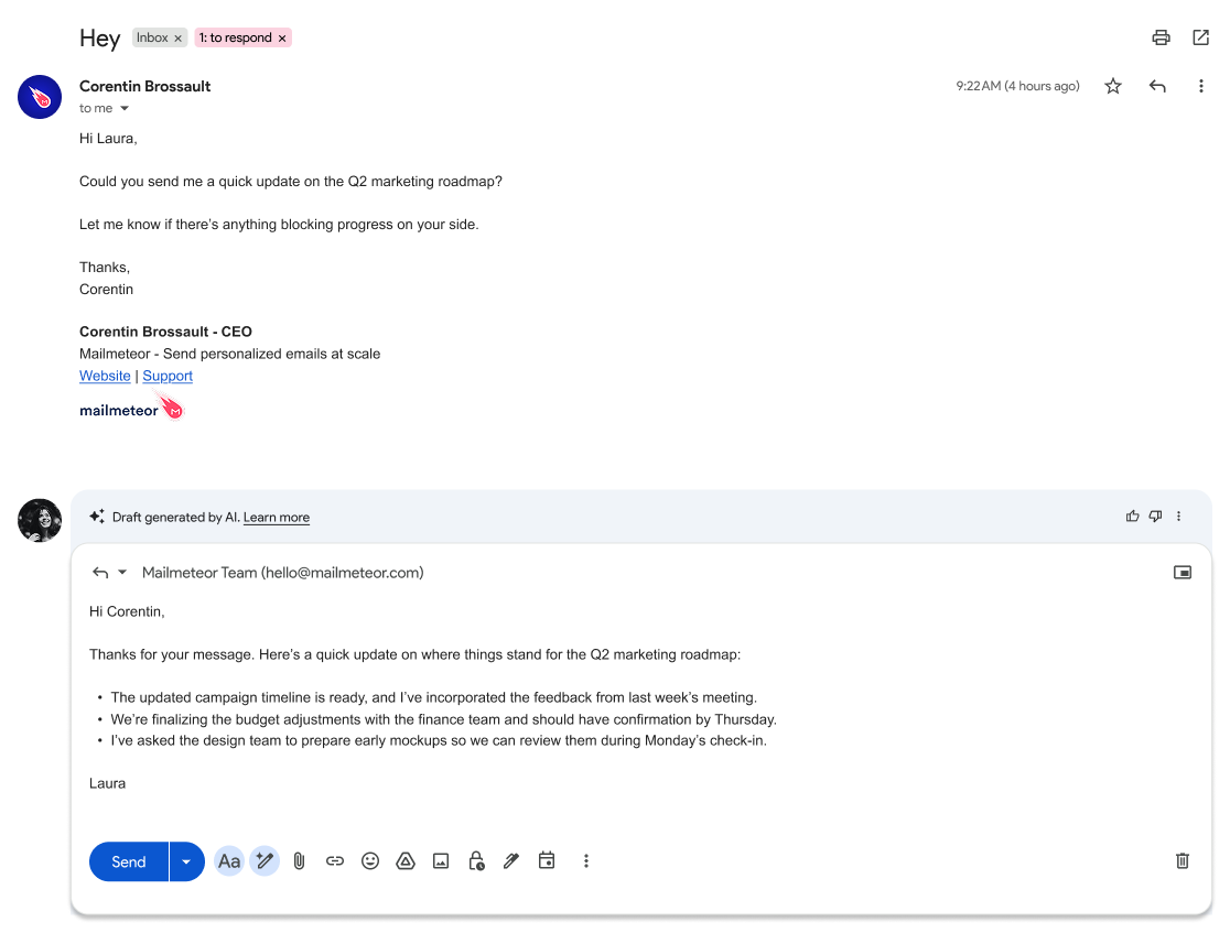Example of an automatically generated draft in response to a message