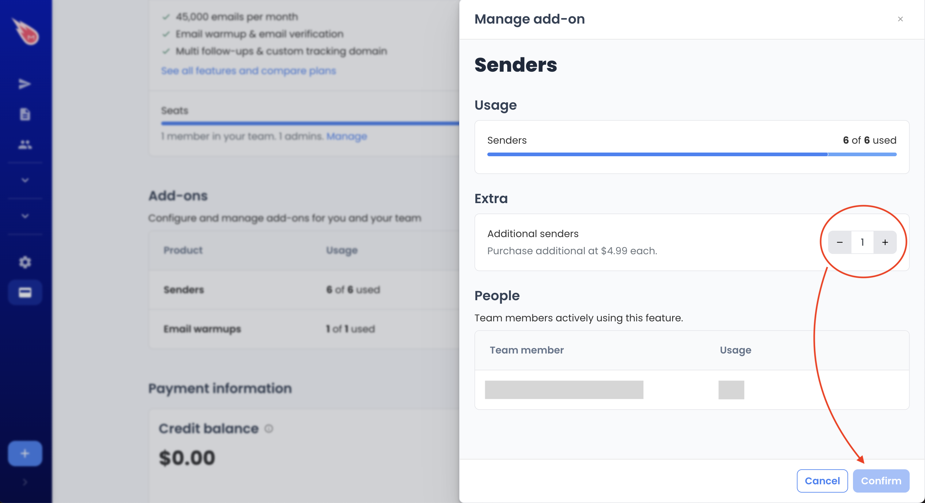 Adjusting your add-on quantity