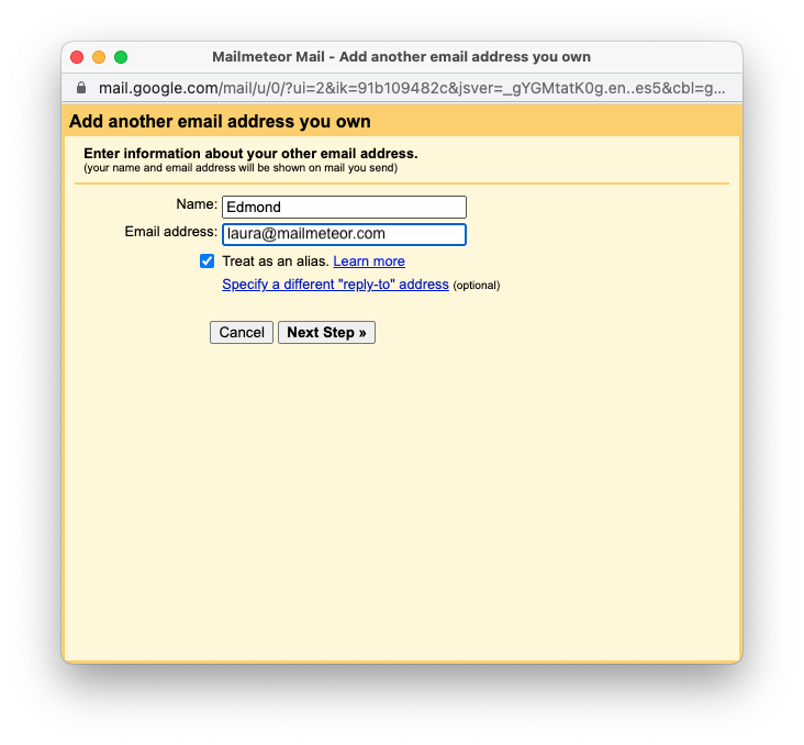 Gmail alias window