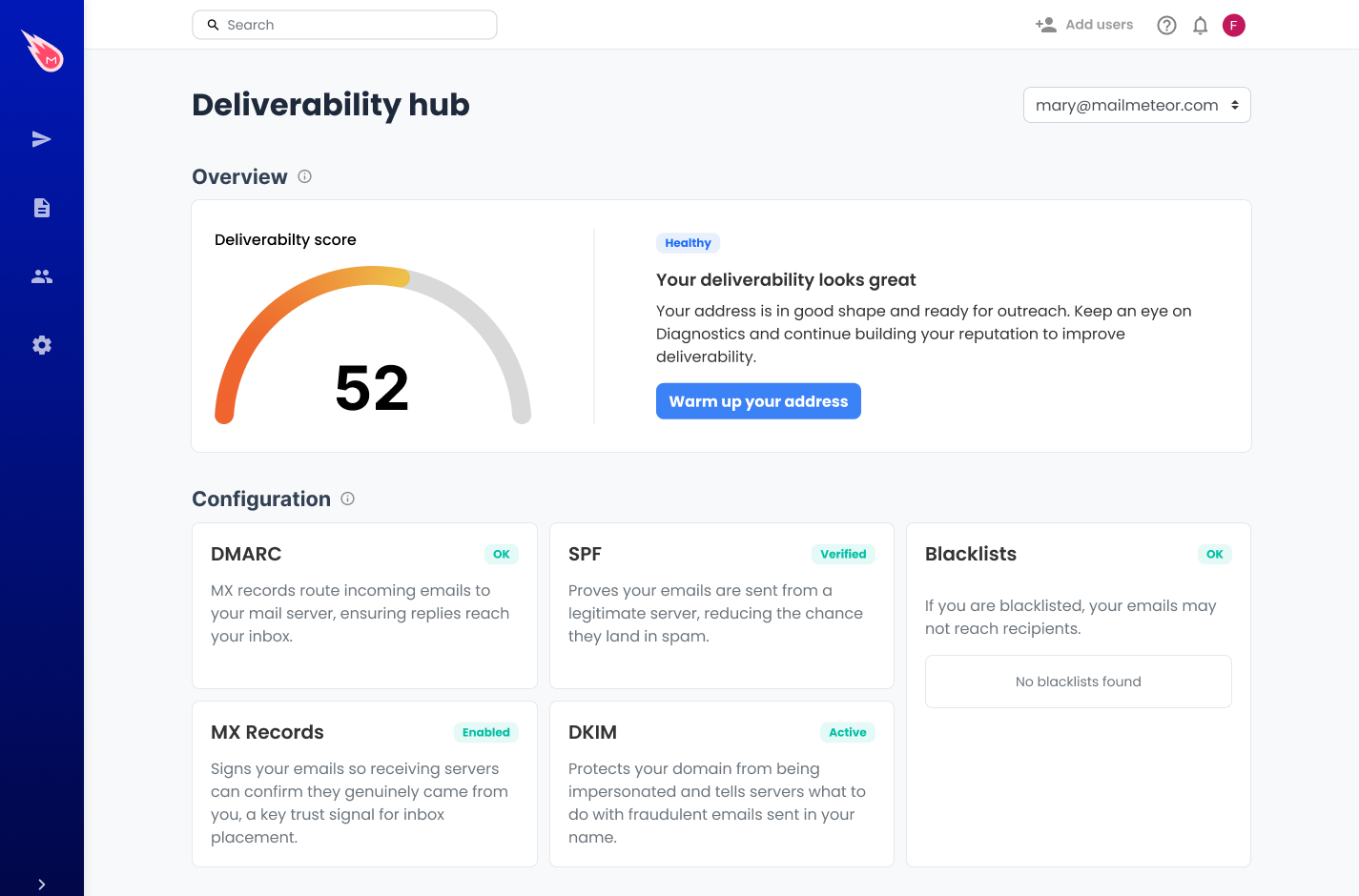 Deliverability Hub in the Mailmeteor Dashboard