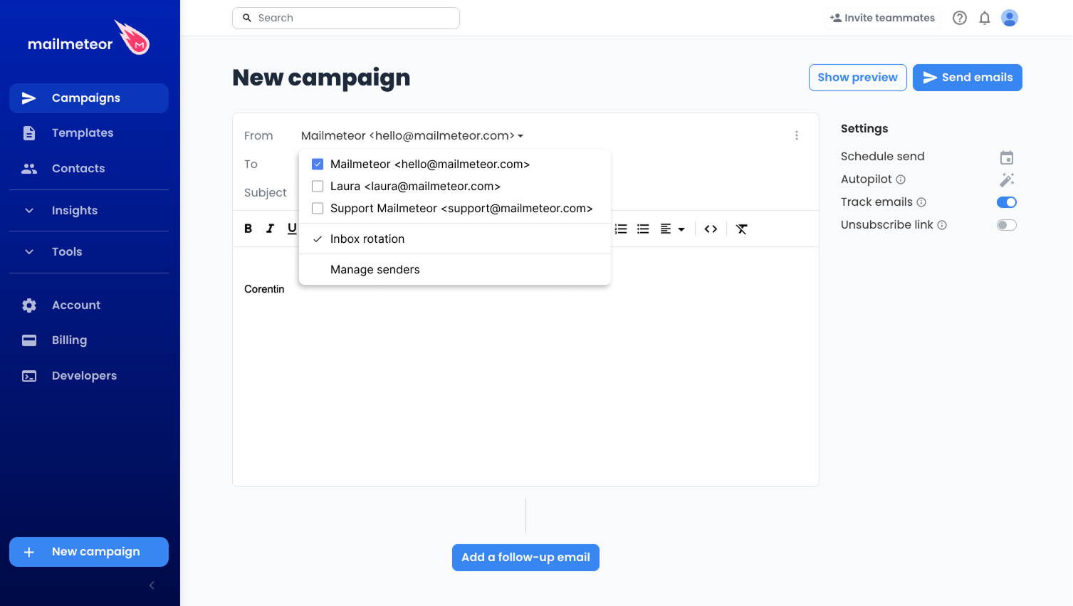 Inbox rotation in the Mailmeteor Dashboard