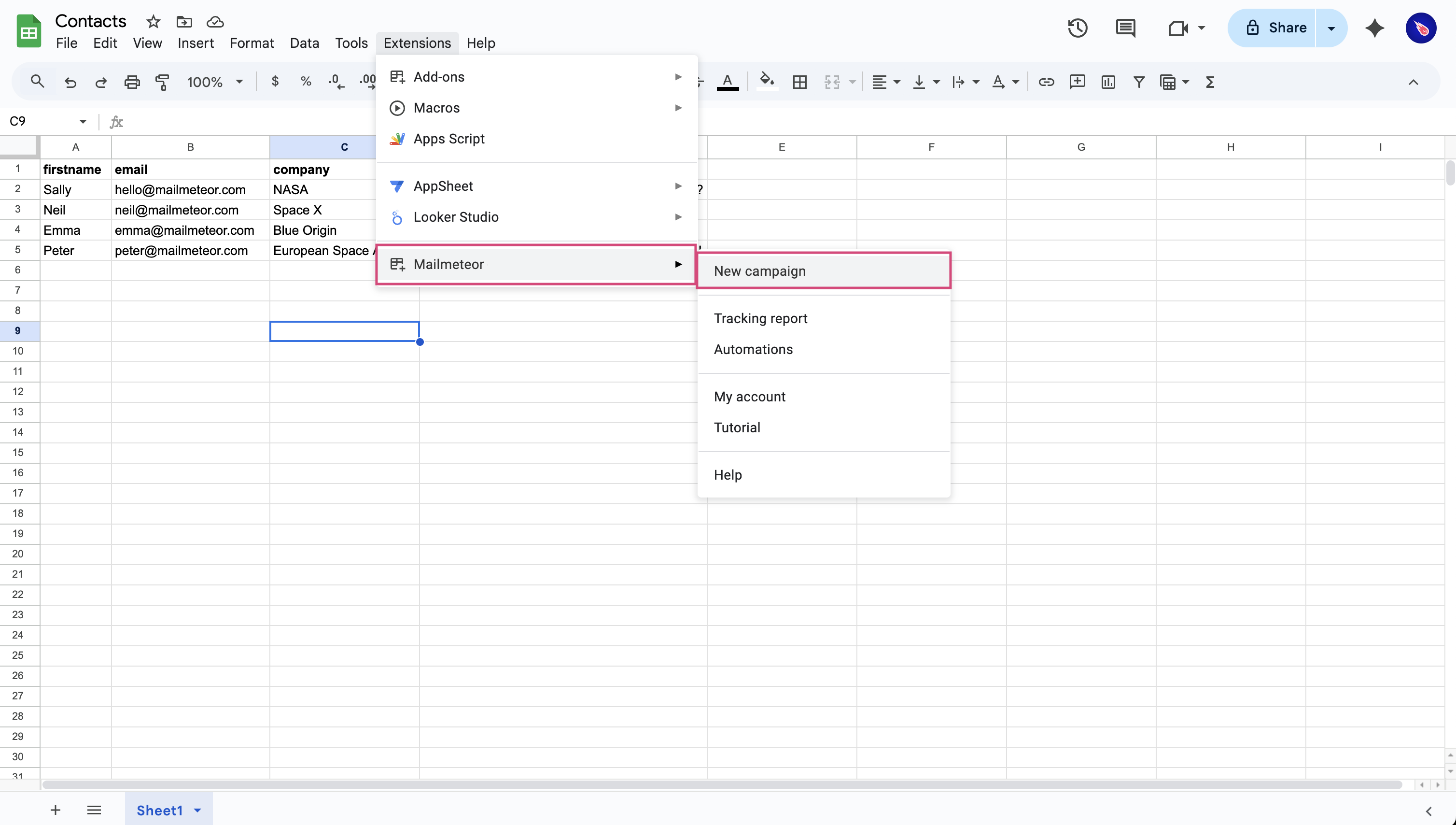 Open Mailmeteor in Google Sheets