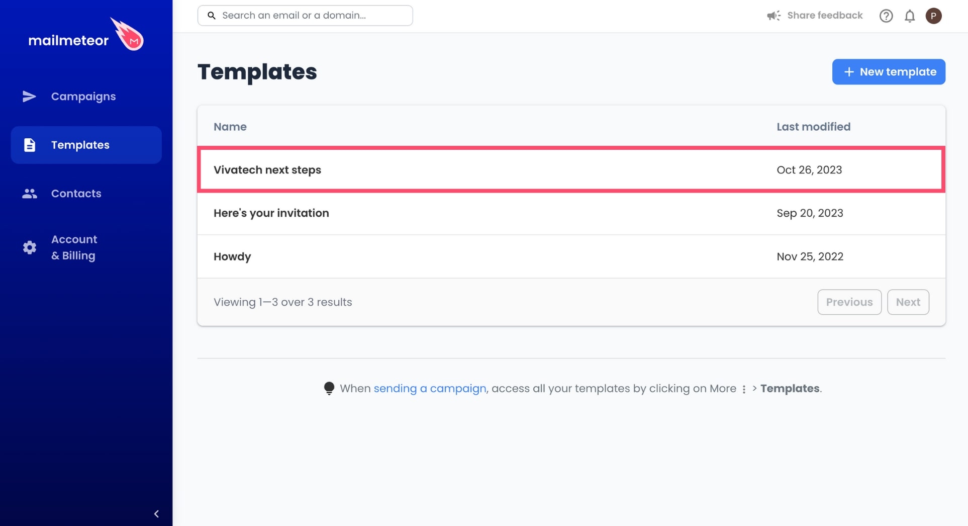How to select a template in the Mailmeteor dashboard