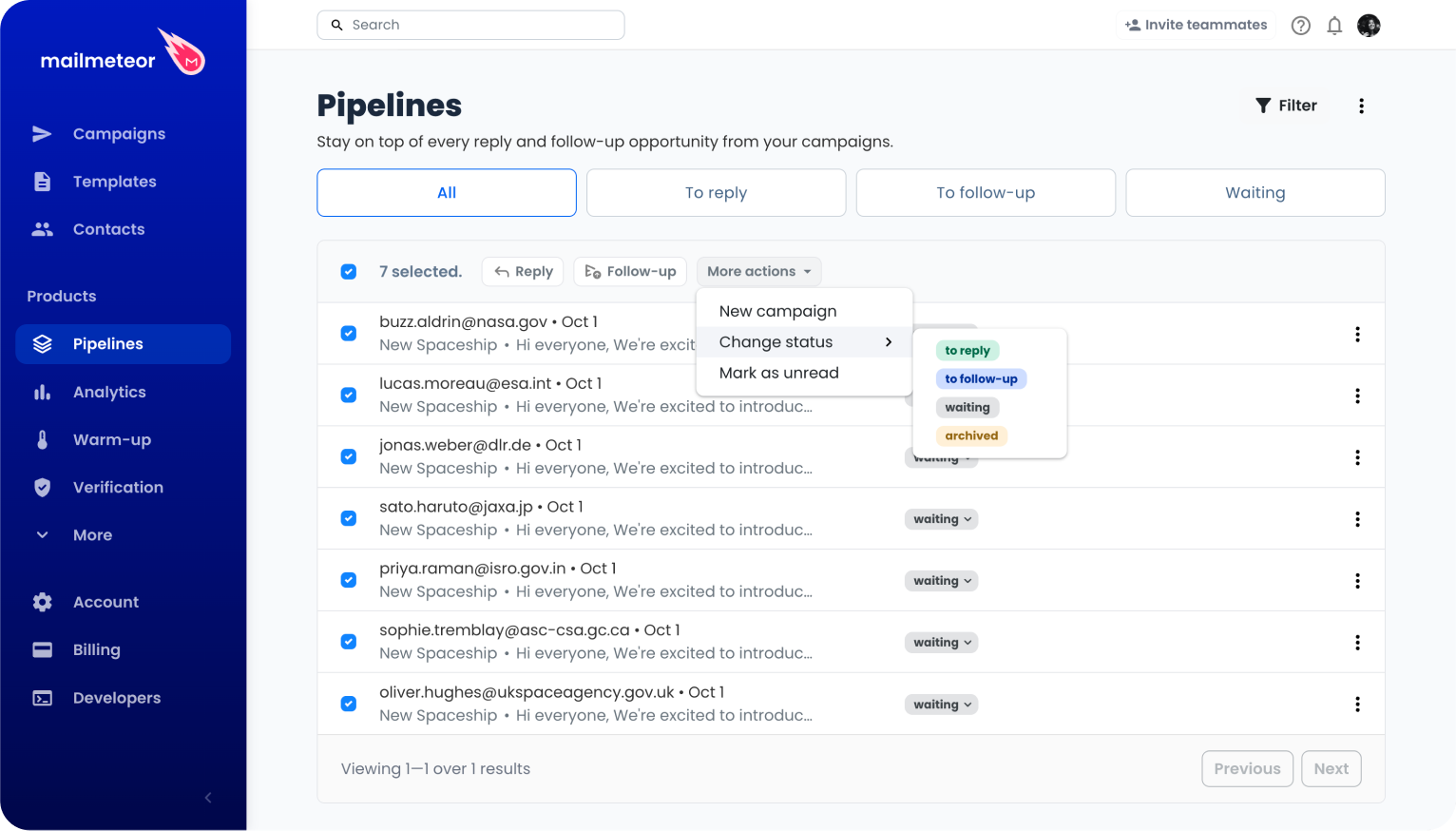 The More actions menu of the Pipeline batch action bar, open on Change status
