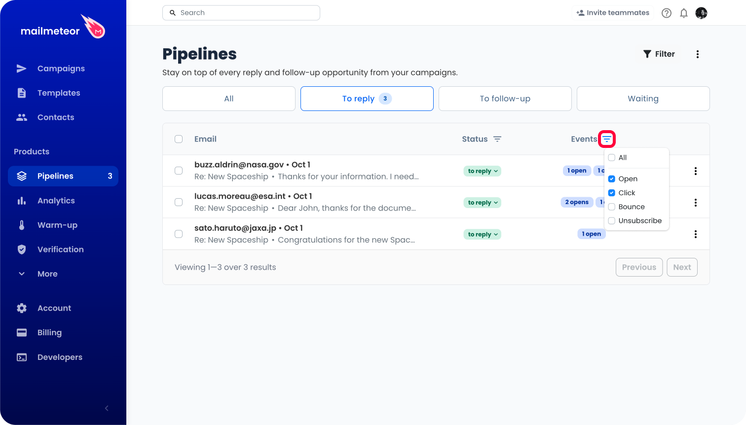 The Events column filter of the Pipeline table, open on its checkboxes