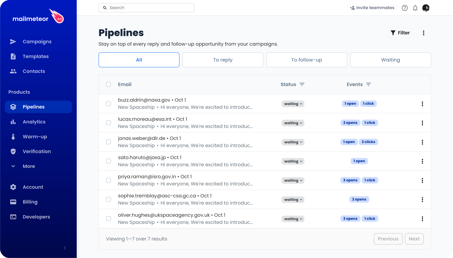 The Events column of the Pipeline table, with opens and clicks