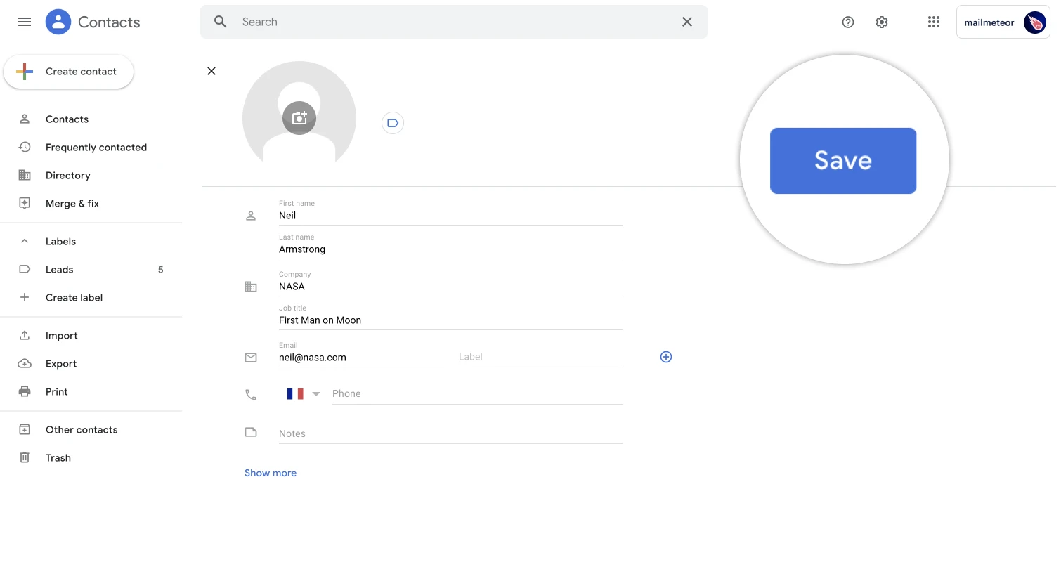 Saving a new contact in Google Contacts interface