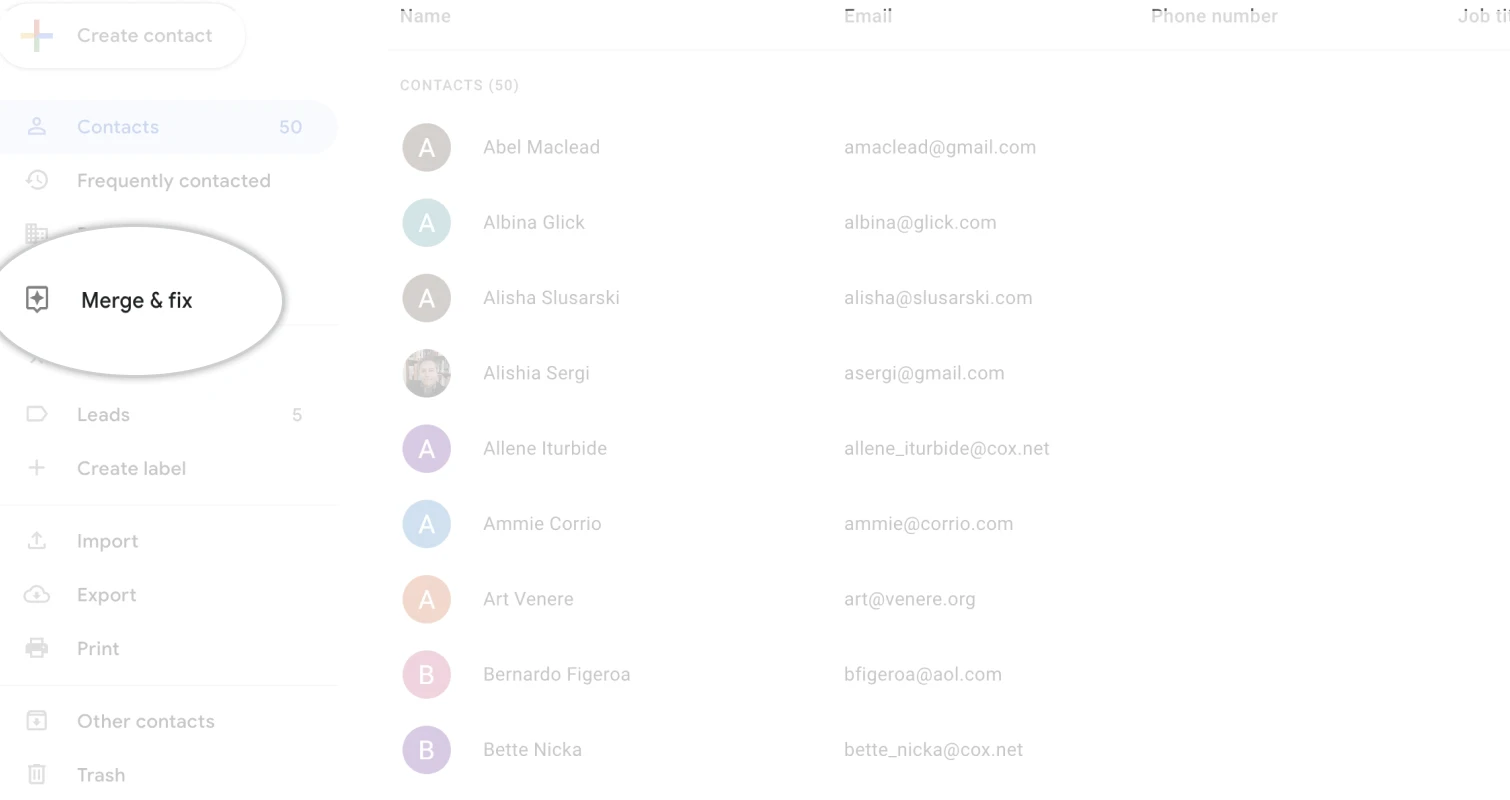 Manage duplicates option in Google Contacts sidebar