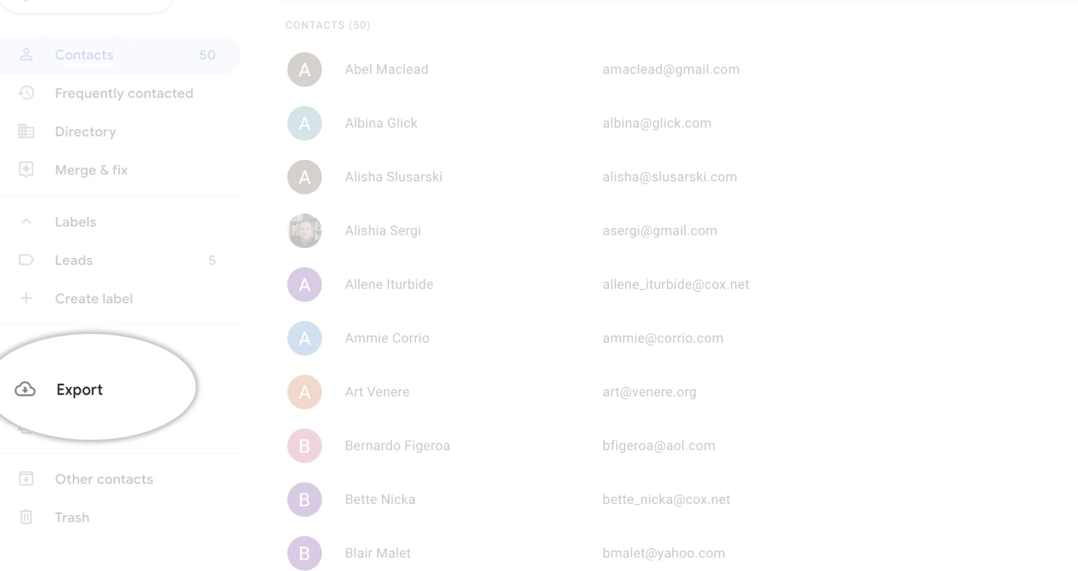 Export contacts option in Google Contacts sidebar