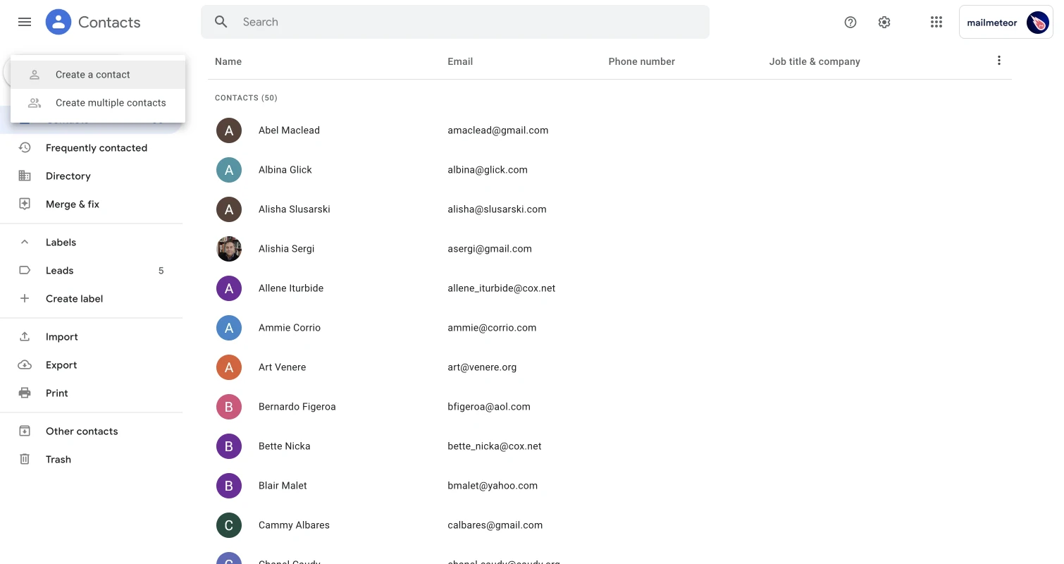 Create a new contact button in Google Contacts