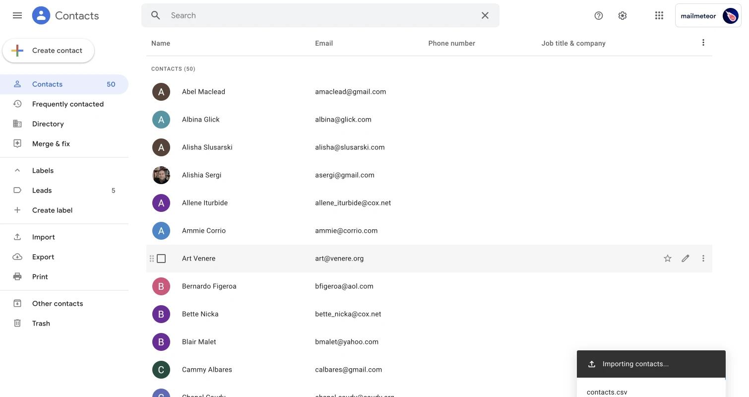 Google Contacts toast notification about contacts import