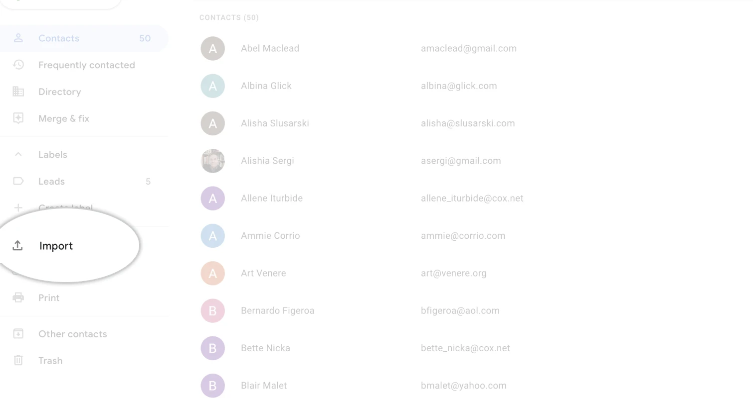 Import contacts option in Google Contacts sidebar
