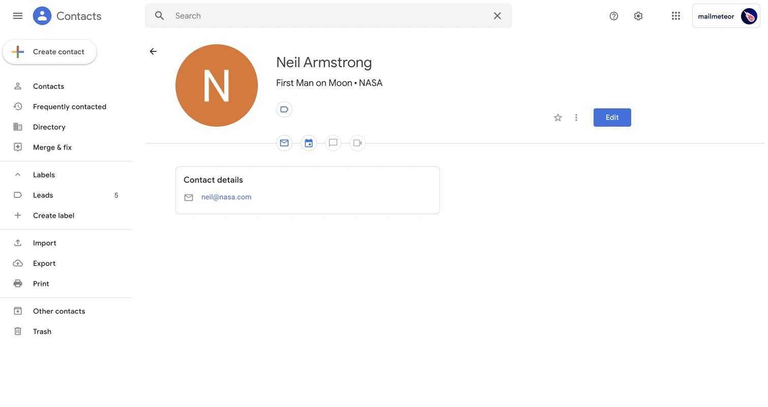 A contact profile in Google Contacts