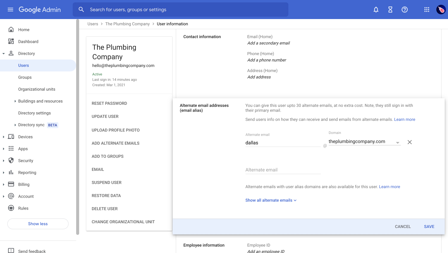 Google Workspace Admin: new user form