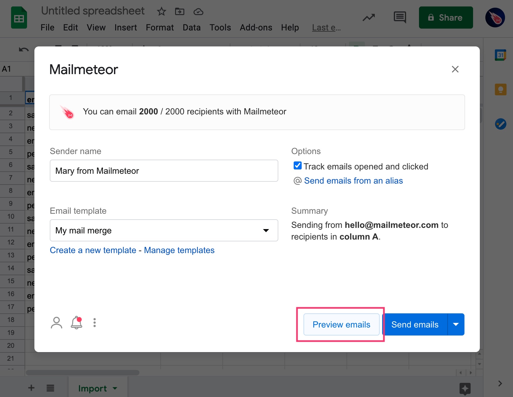 Preview button in Mailmeteor