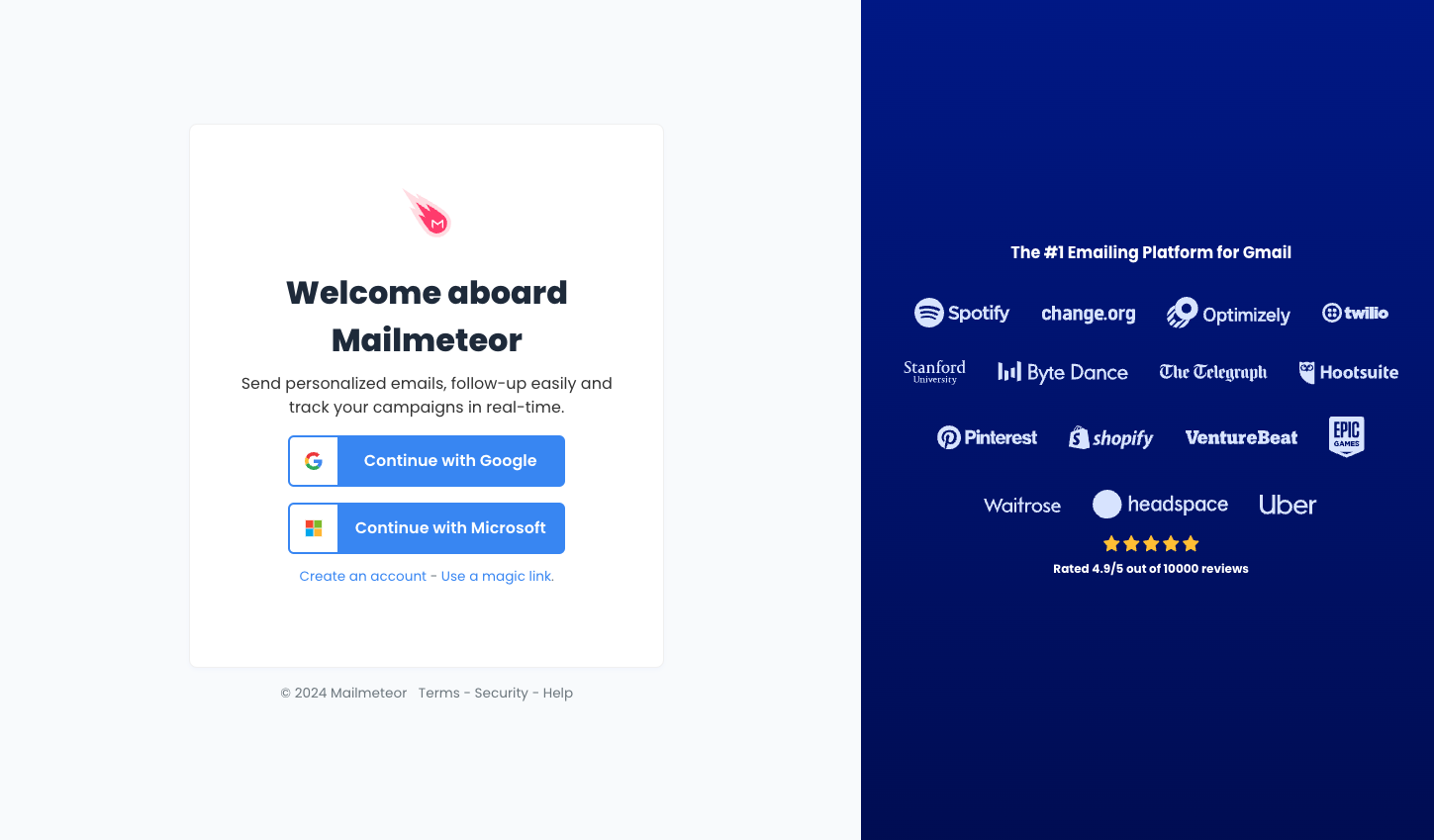 Sign in with Google or Microsoft to the Mailmeteor Dashboard