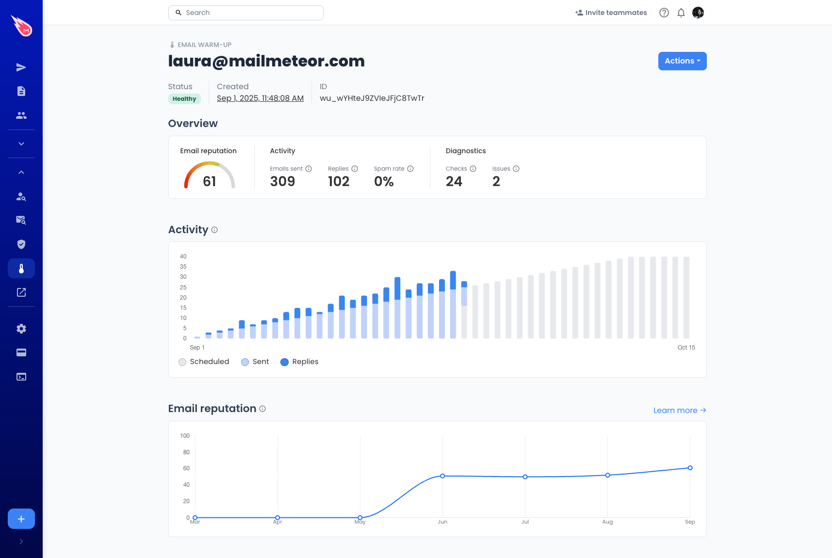 Warm up an email address in Mailmeteor Dashboard