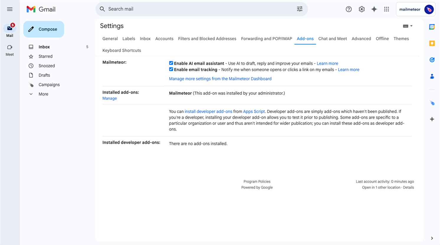 Gmail settings for add-ons